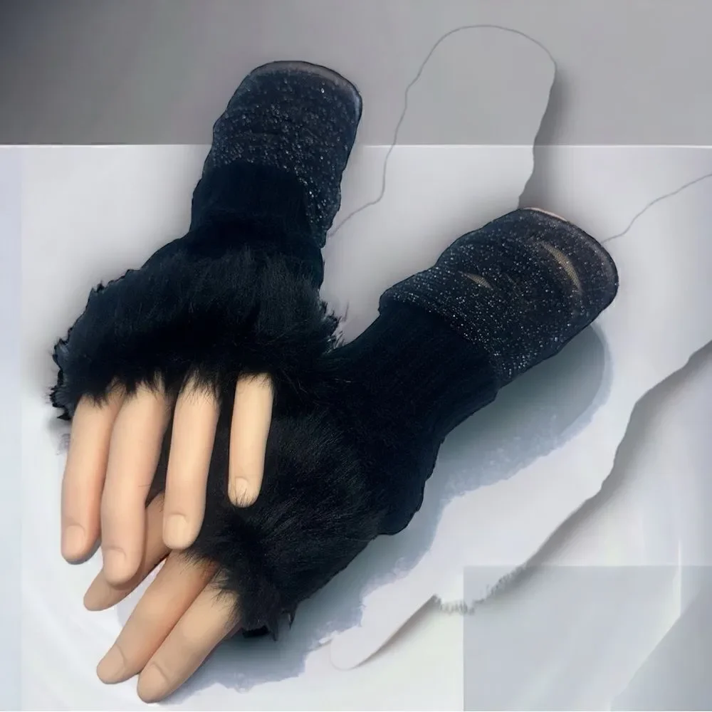 SXY l Custom Set l Elegant Black Arm Sleeves (Sheer) Fuzzy Fingerless Gloves New